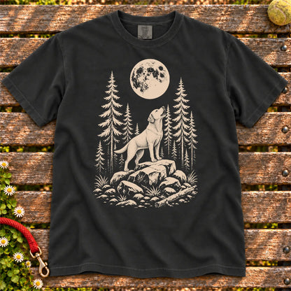 Labrador Retriever Howling at Moon design on a Black T-shirt shown flat