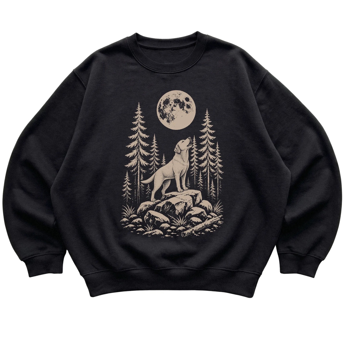 Close view of Labrador Retriever Howling at the Moon artwork on Black crewneck sweatshirt