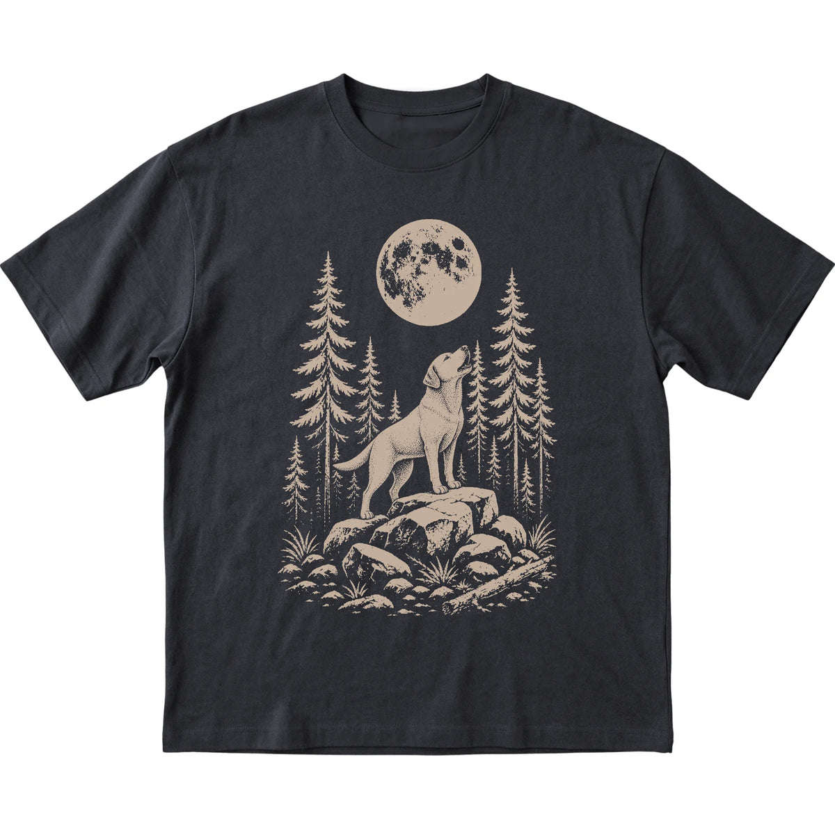 Close view of Labrador Retriever Howling at the Moon artwork on Black softstyle T-shirt