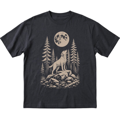 Close view of Labrador Retriever Howling at the Moon artwork on Black softstyle T-shirt