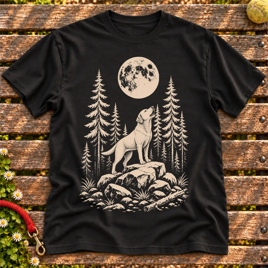 Labrador Retriever Howling at Moon design on a Black T-shirt shown flat