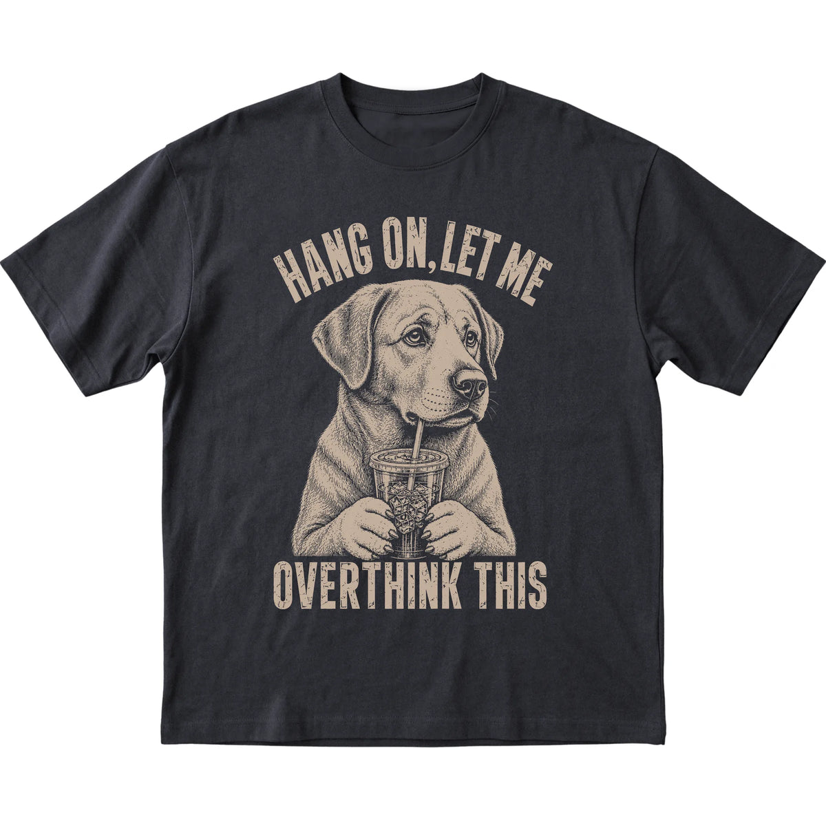Black T-shirt featuring Overthinking Labrador Retriever, laid-flat presentation