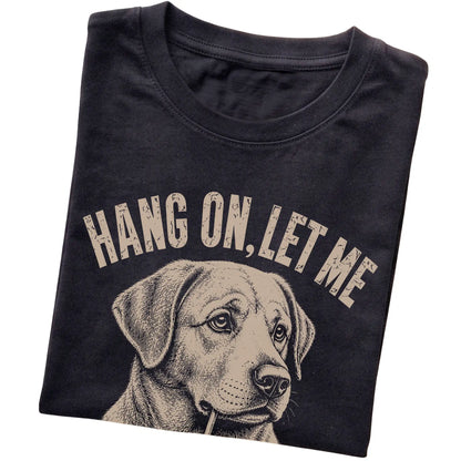 Black T-shirt featuring Overthinking Labrador Retriever, folded presentation
