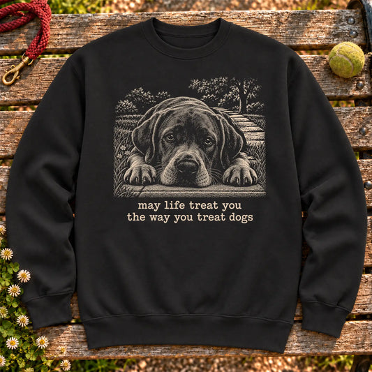 Labrador Retriever Karma dog quote design on a Black crewneck sweatshirt shown flat