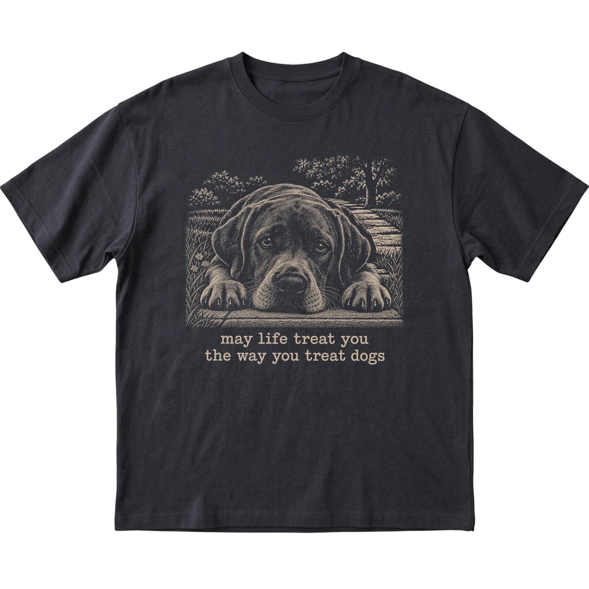 Labrador Retriever Karma Softstyle T-shirt in Black — Flat Lay
