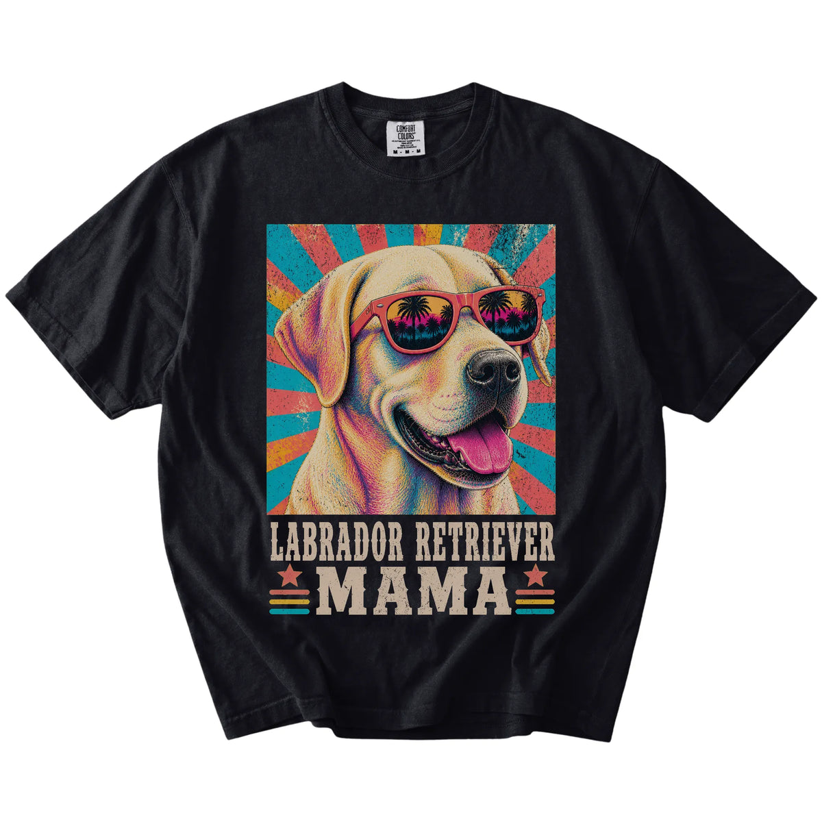 Retro Labrador Retriever Mama design on a Black Comfort Colors T-shirt