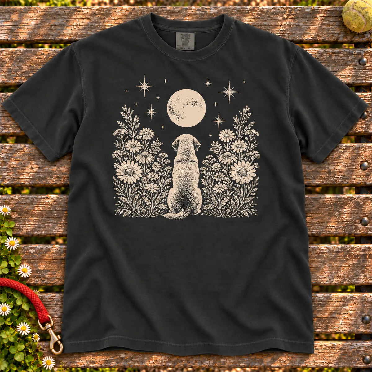 Labrador Retriever Moon Garden on a Black T-shirt, shown flat