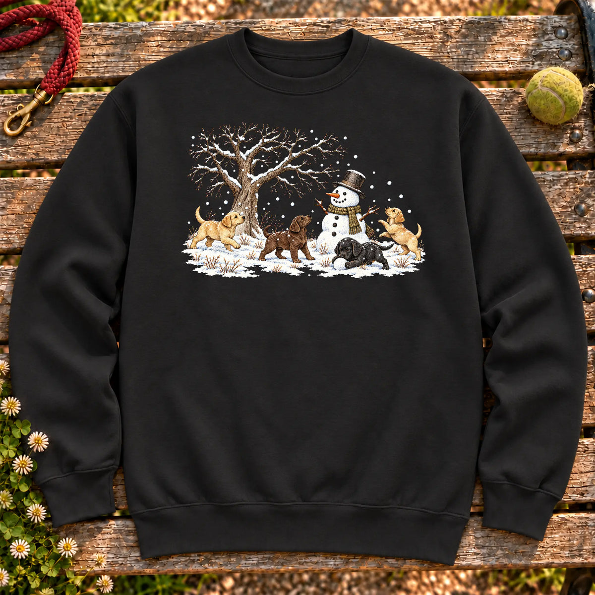Labrador Retriever puppies playing in snow with a snowman on a Black sweatshirt