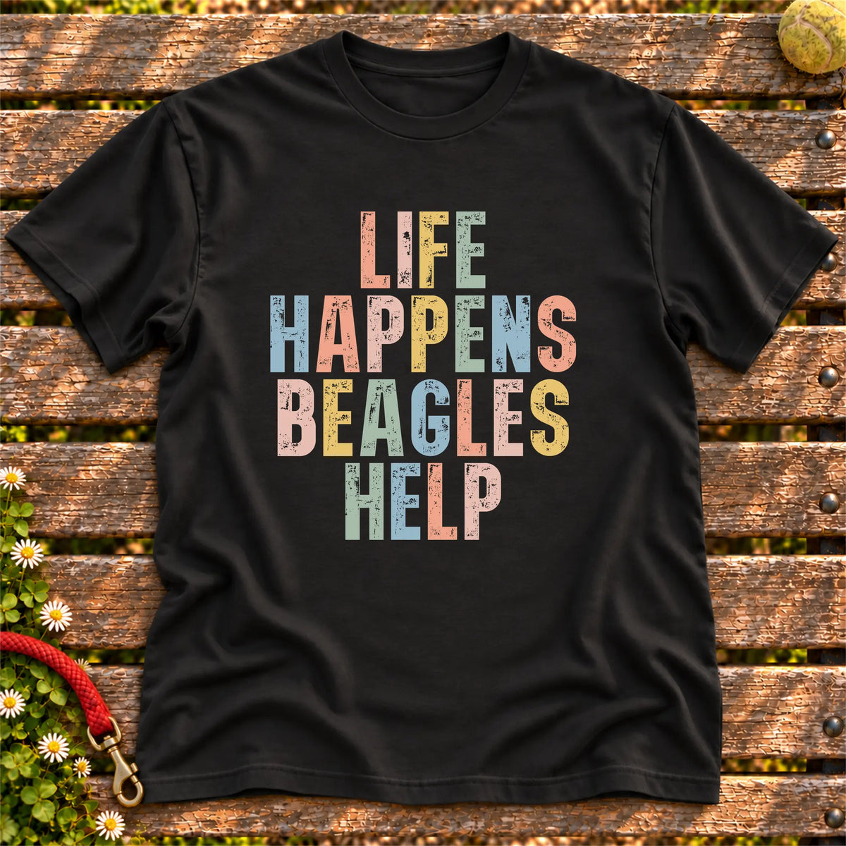 Life Happens Beagle Help text design on a Black softstyle T-shirt