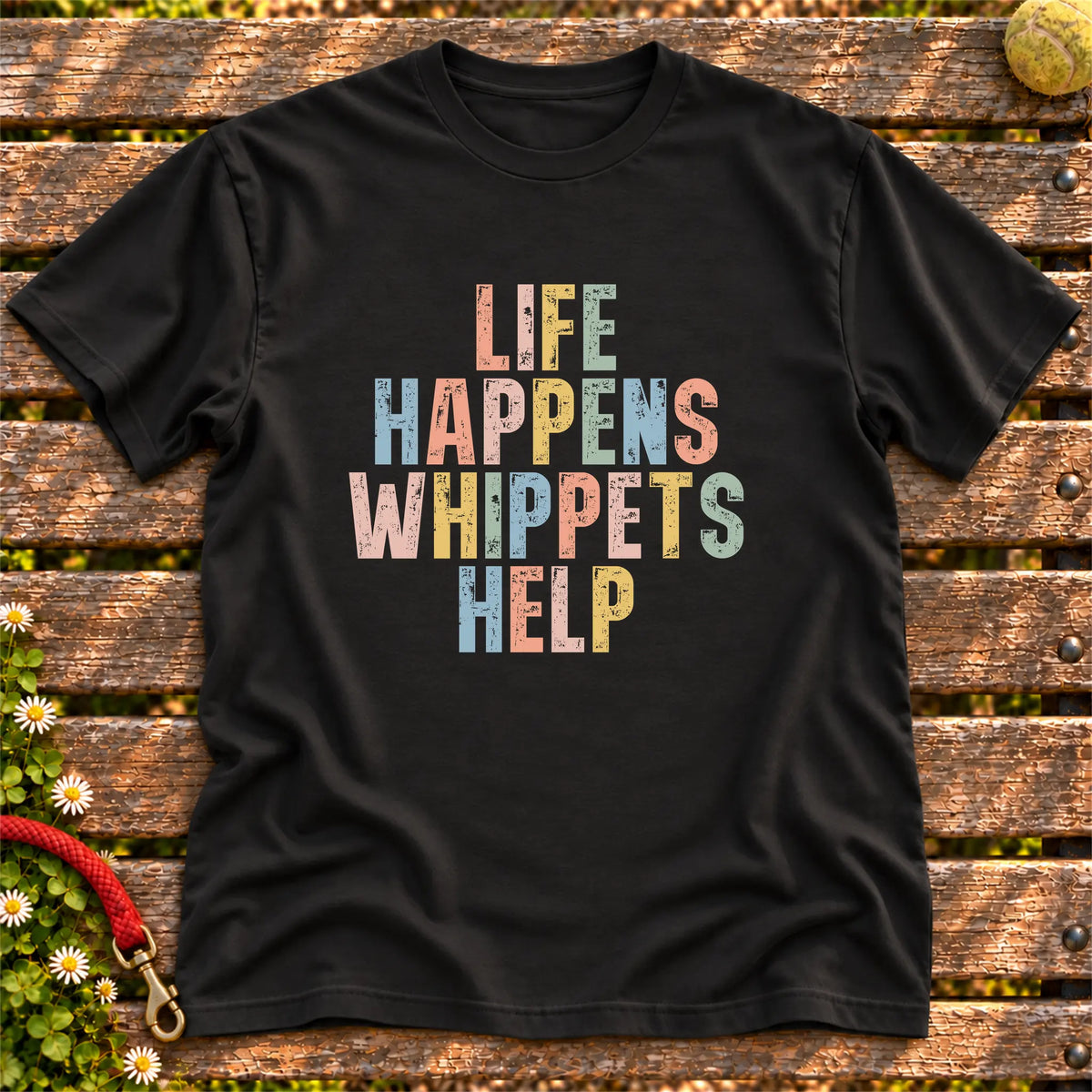 Life Happens Whippet Help text design on a Black softstyle T-shirt