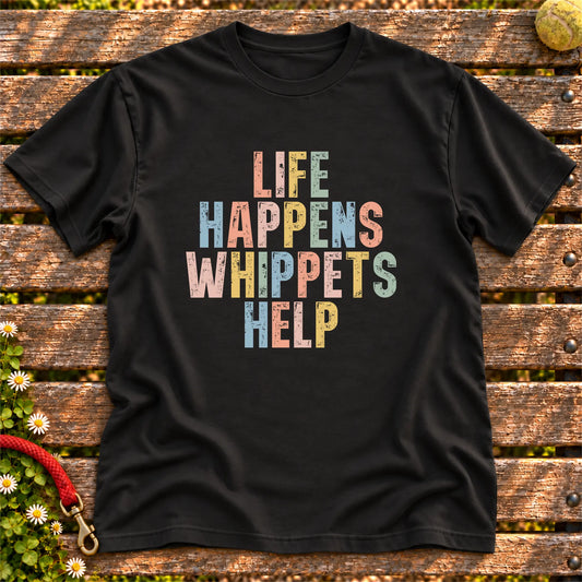 Life Happens Whippet Help text design on a Black softstyle T-shirt