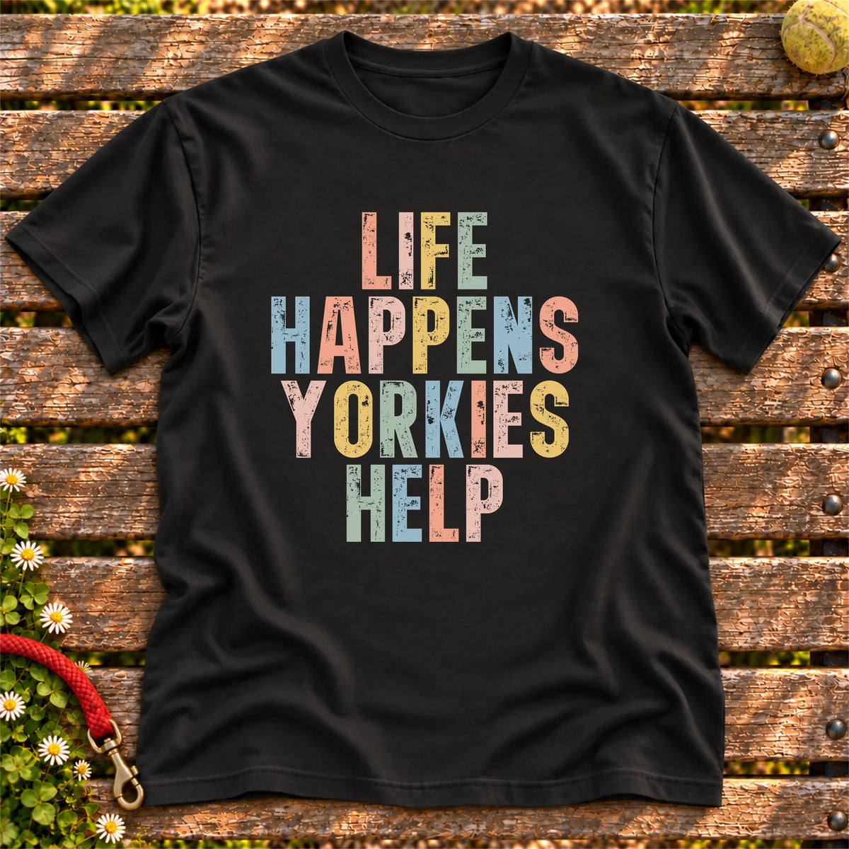 Life Happens Yorkie Help text design on a Black softstyle T-shirt