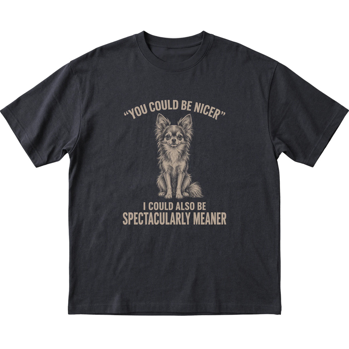 Long-Haired Chihuahua Guard Dog T-Shirt in Black — flat lay