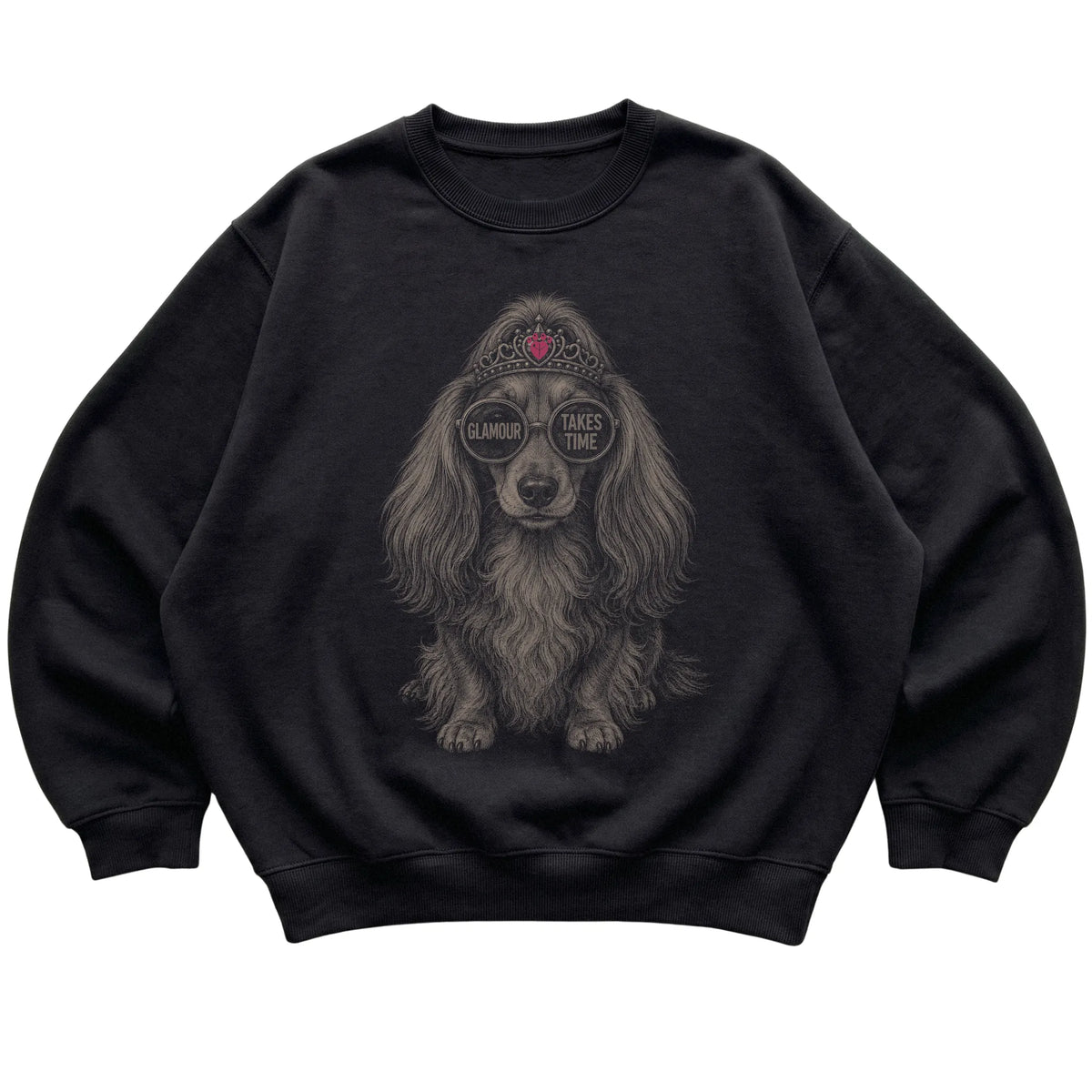 Black Long-Haired Dachshund Glamour Takes Time T-Shirt laid flat