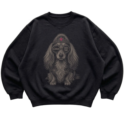 Black Long-Haired Dachshund Glamour Takes Time T-Shirt laid flat