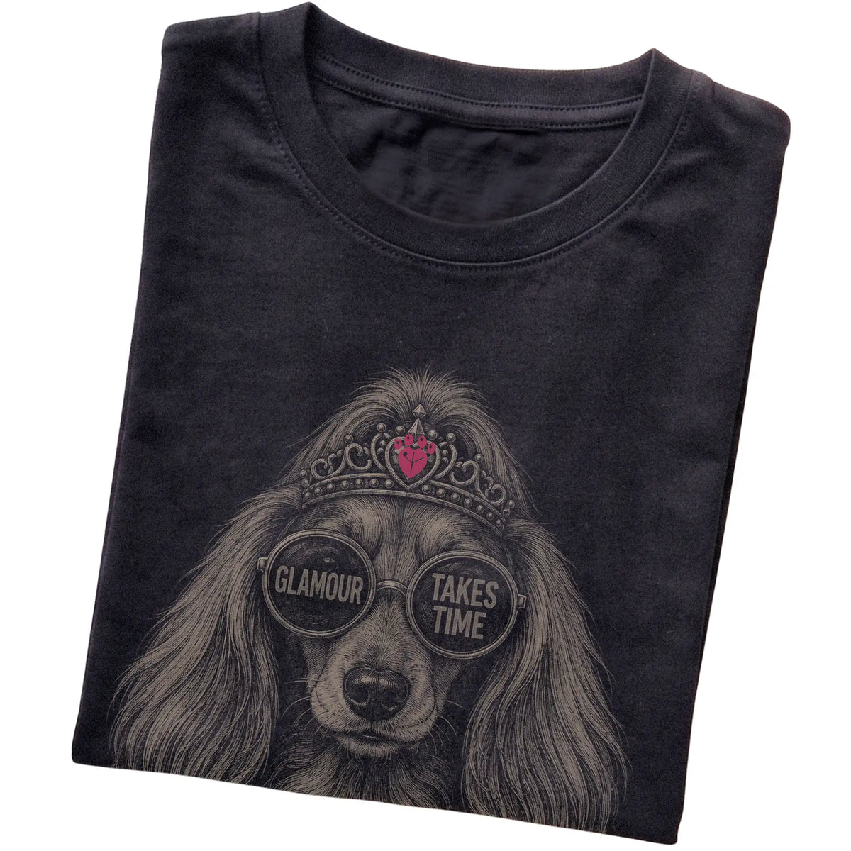 Black Long-Haired Dachshund Glamour Takes Time T-Shirt folded detail