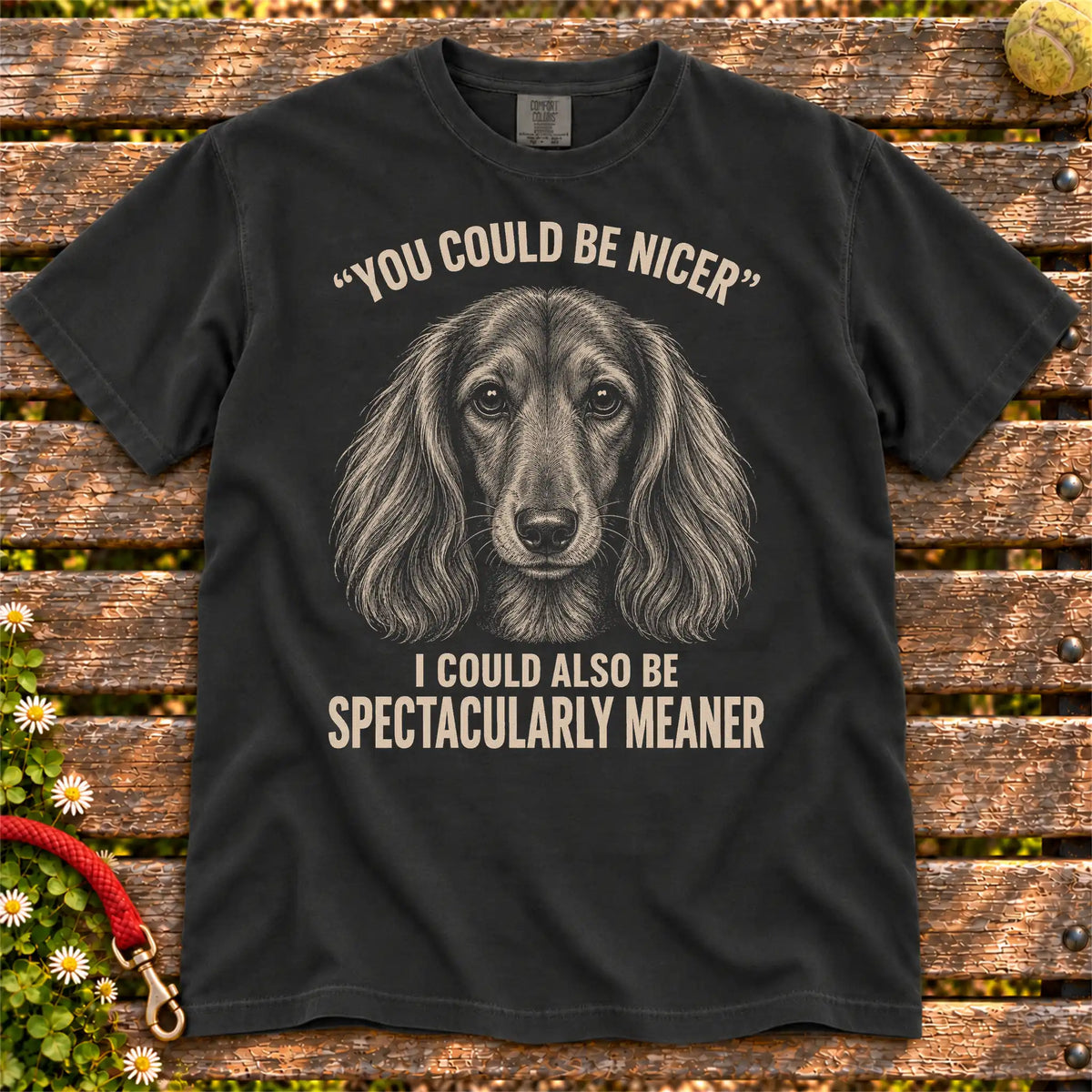 Long-Haired Dachshund Guard Dog design on a Black Comfort Colors T-shirt, shown flat