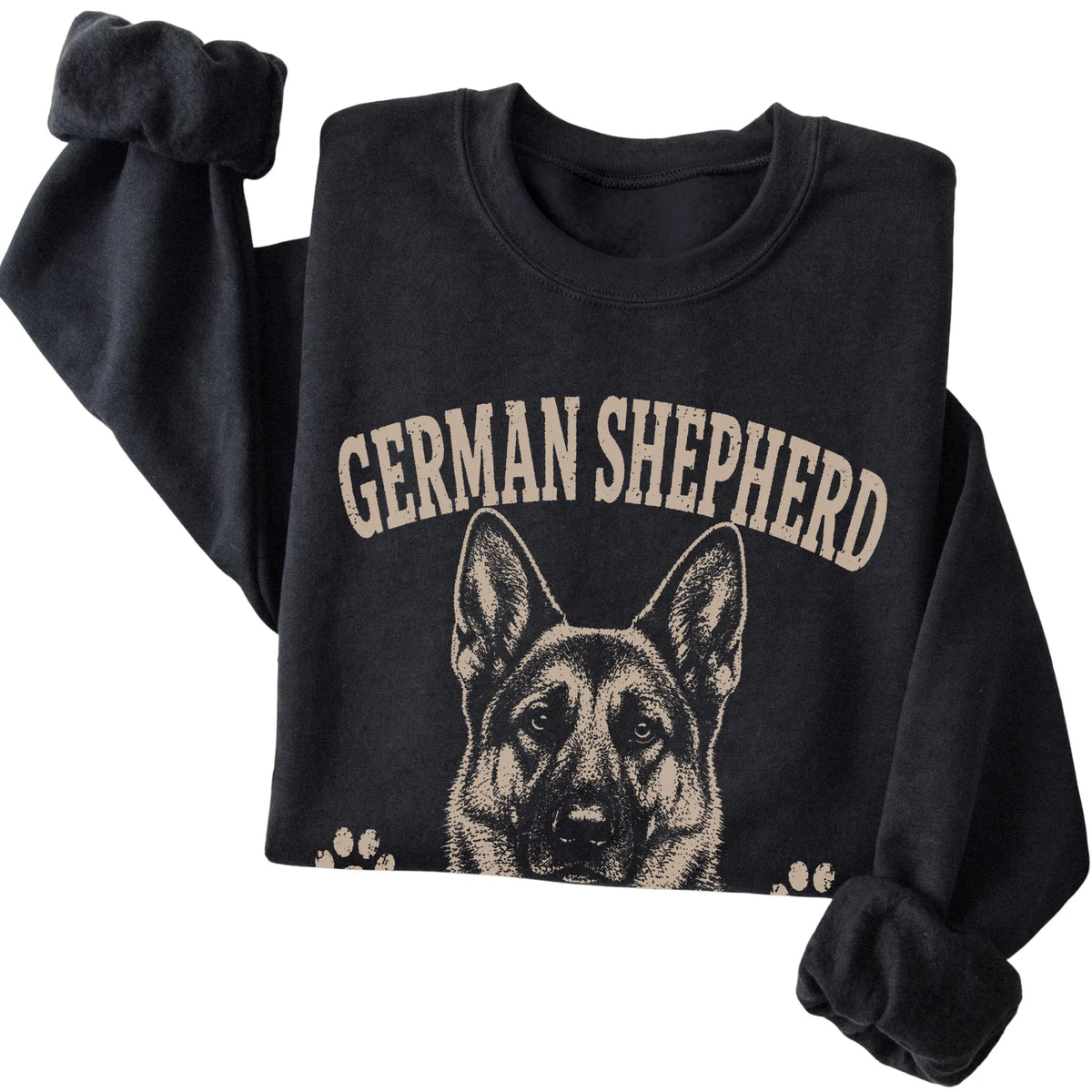 Black crewneck sweatshirt featuring Loyal, Alert & Judging Quietly - German Shepherd, folded presentation