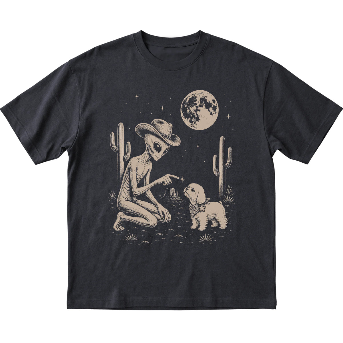 Black T-shirt featuring Maltese Cowboy and Alien, laid-flat presentation