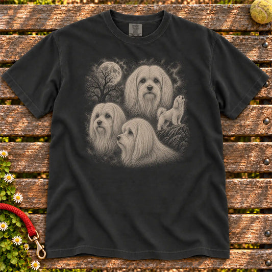 Maltese 90s Moon design on a Black T-shirt shown flat