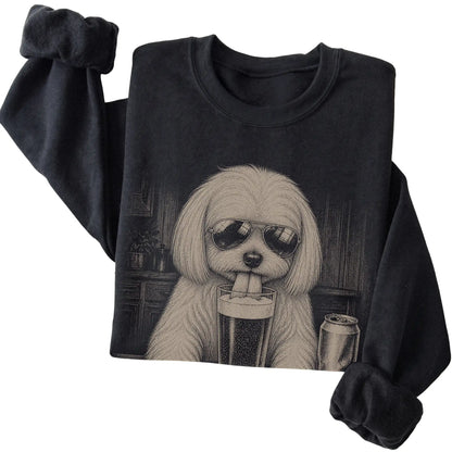 Black Maltese drinking from a pint at a bar, folded detail view
