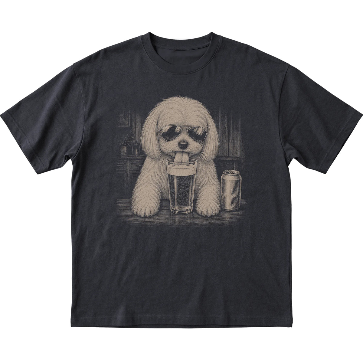Black Maltese drinking from a pint at a bar, laid flat