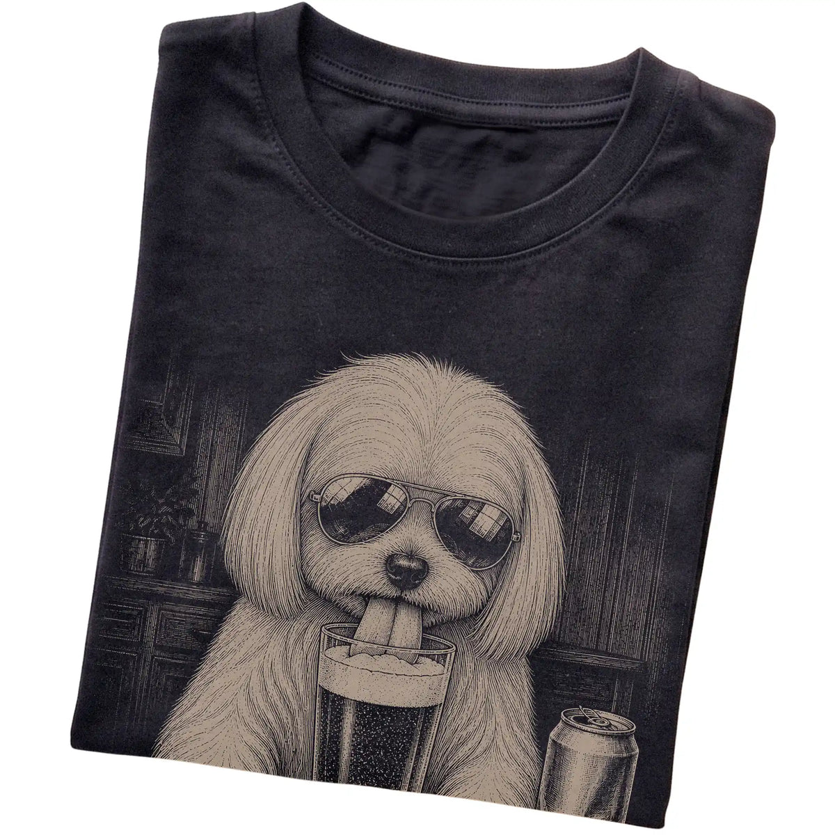 Black Maltese drinking from a pint at a bar, folded detail view