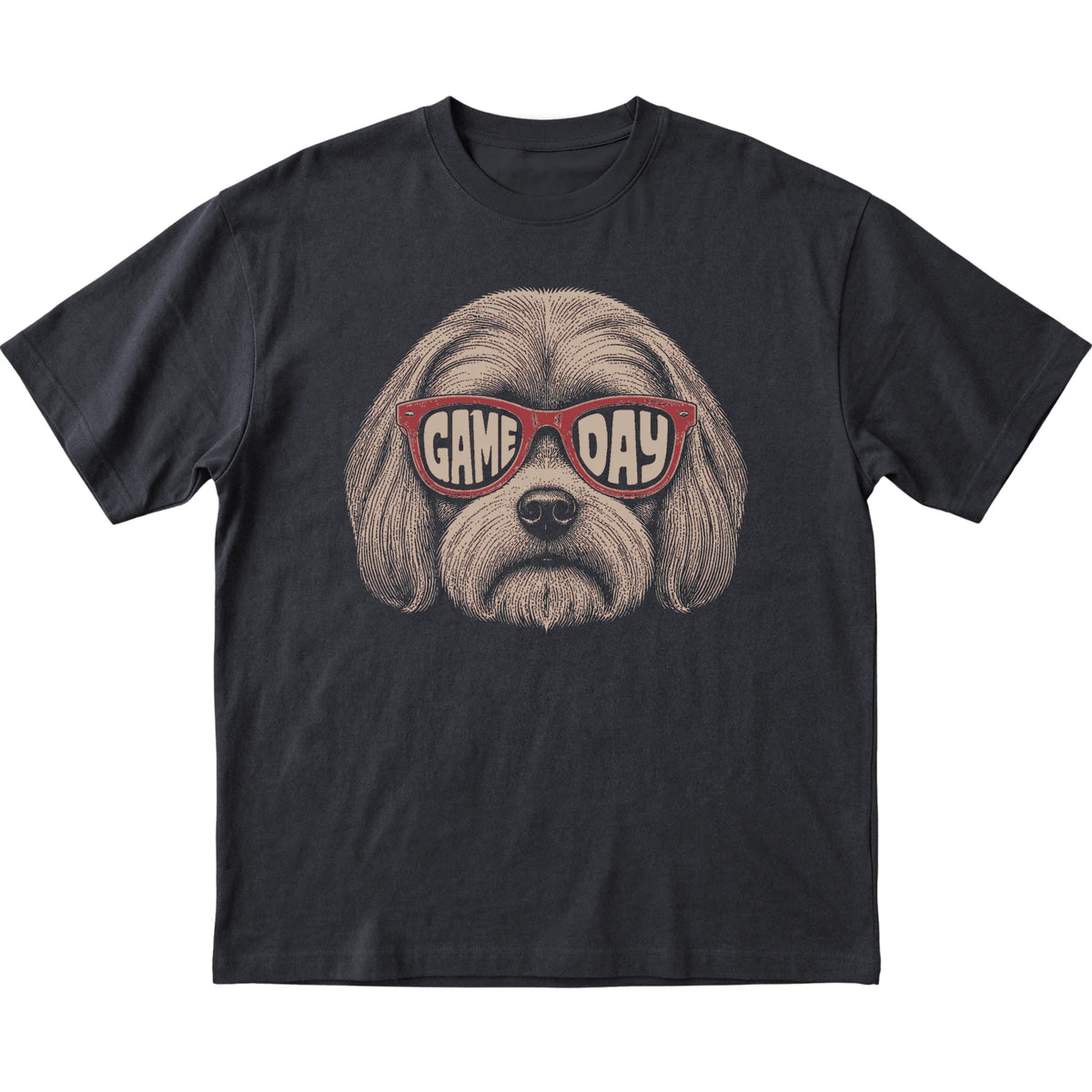 Black Maltese Game Day Sunglasses T-shirt, laid flat