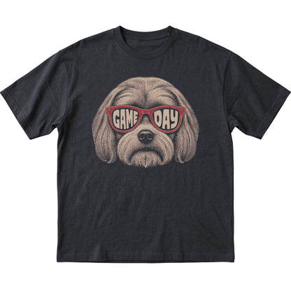 Black Maltese Game Day Sunglasses T-shirt, laid flat