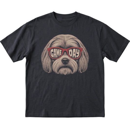 Black Maltese Game Day Sunglasses T-shirt, laid flat
