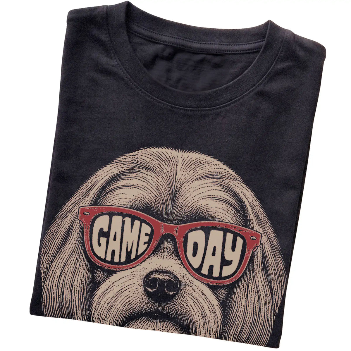 Black Maltese Game Day Sunglasses T-shirt, folded