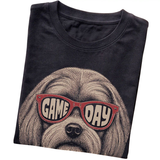 Black Maltese Game Day Sunglasses T-shirt, folded