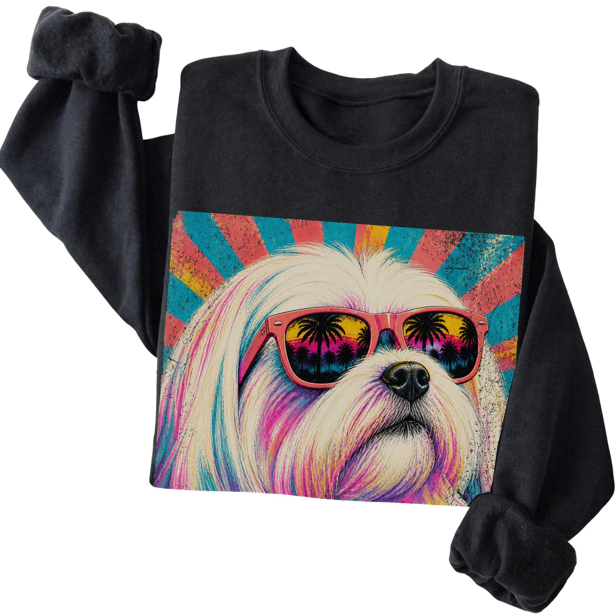 Folded Black crewneck sweatshirt with a Retro Maltese Mama design