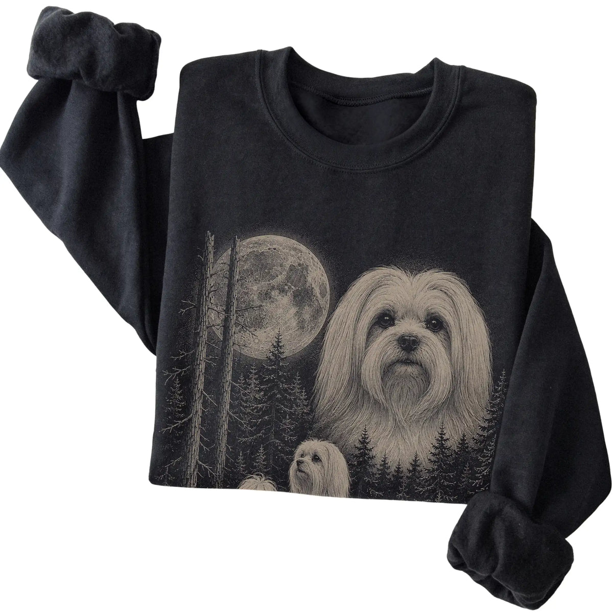 Folded black crewneck sweatshirt showing the Maltese Moonlit Forest graphic