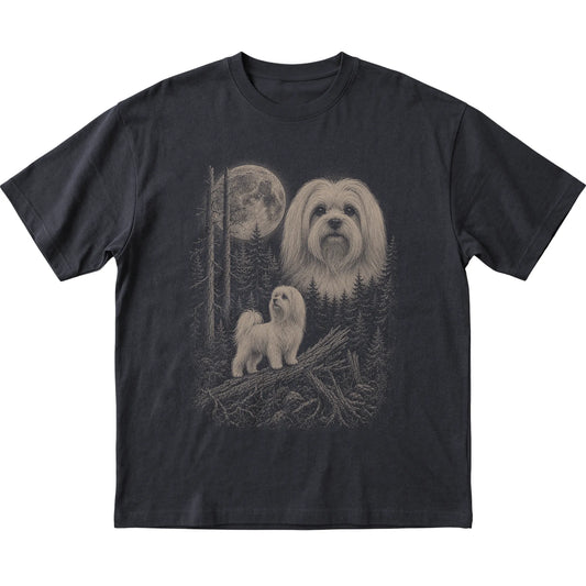 Maltese Moonlit Forest graphic on a black Softstyle T-shirt laid flat