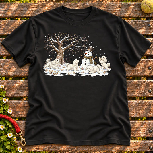 Maltese puppies playing in snow with a snowman on a Black T-shirt