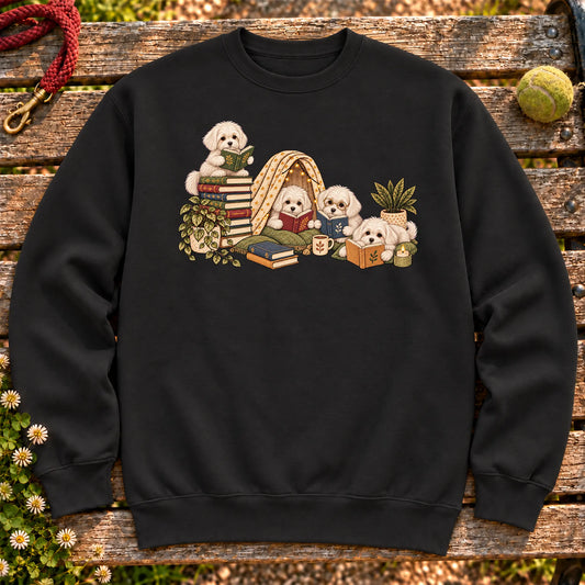 Maltese puppies reading books in a cozy blanket fort on a Black sweatshirt