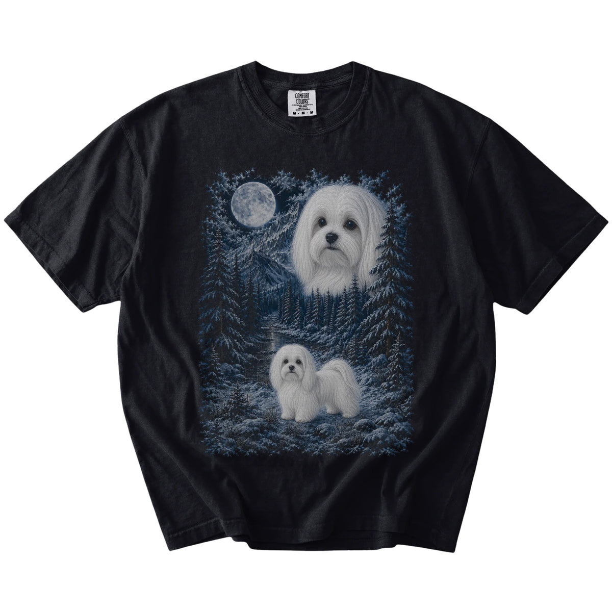 black T-shirt with Maltese Winter Moon artwork.