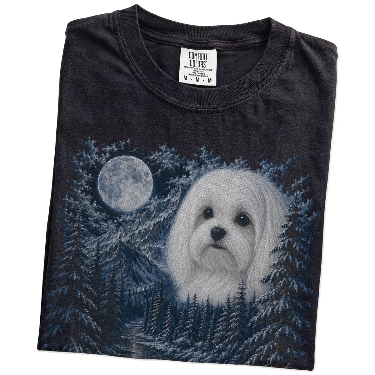 Folded black T-shirt with Maltese Winter Moon artwork.
