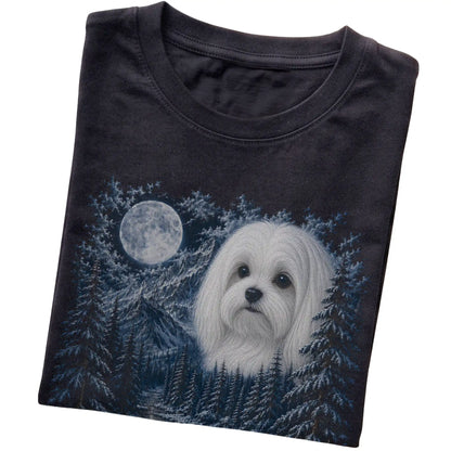 Folded black T-shirt with Maltese Winter Moon artwork.
