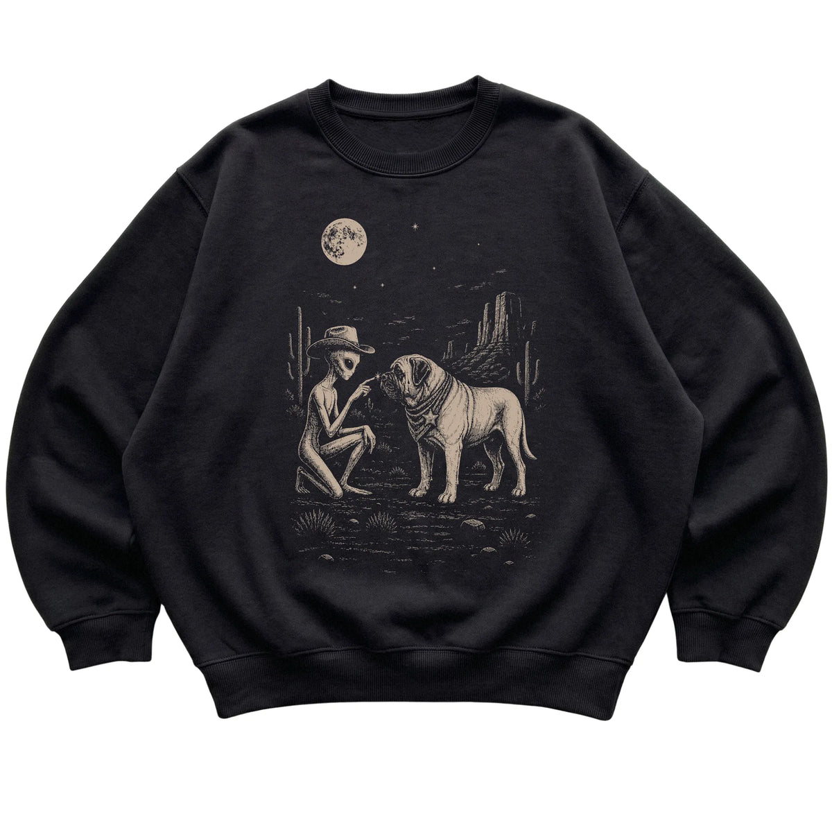 Black crewneck sweatshirt featuring Mastiff Cowboy and Alien, laid-flat presentation