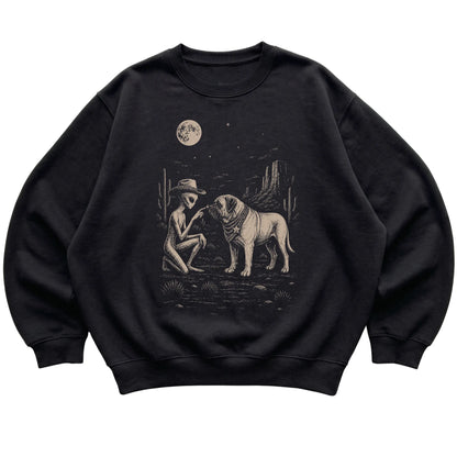 Black crewneck sweatshirt featuring Mastiff Cowboy and Alien, laid-flat presentation