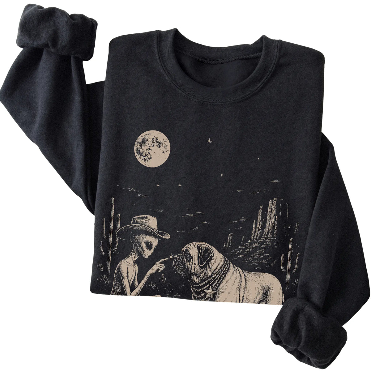 Black crewneck sweatshirt featuring Mastiff Cowboy and Alien, folded presentation