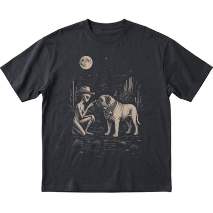 Black T-shirt featuring Mastiff Cowboy and Alien, laid-flat presentation