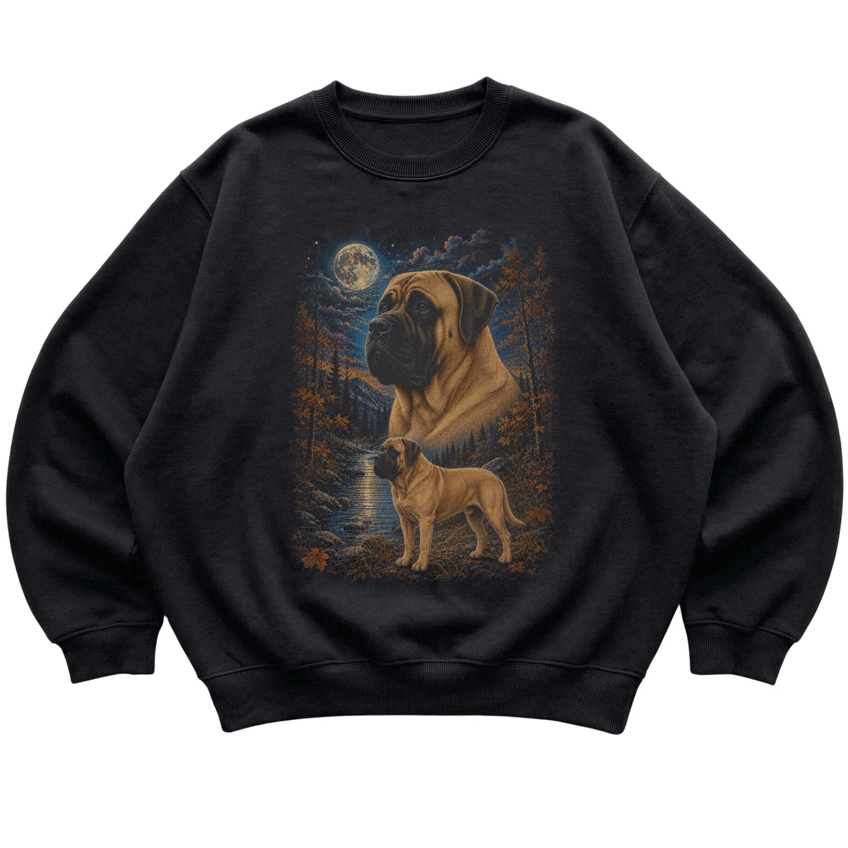 black sweatshirt with Mastiff Autumn Moon artwork.