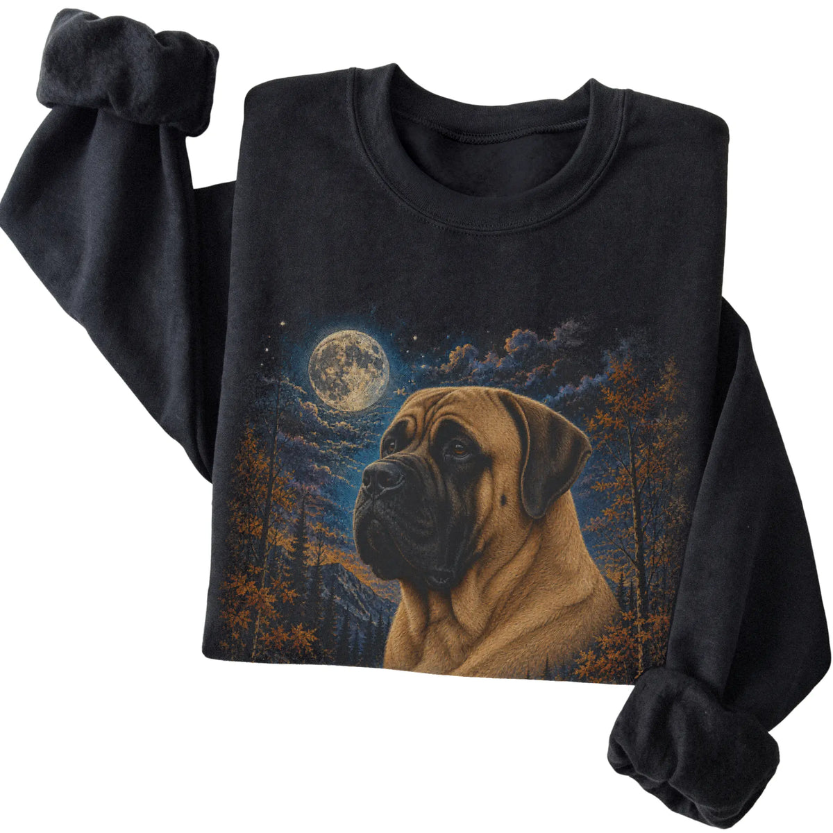 Folded black sweatshirt with Mastiff Autumn Moon artwork.