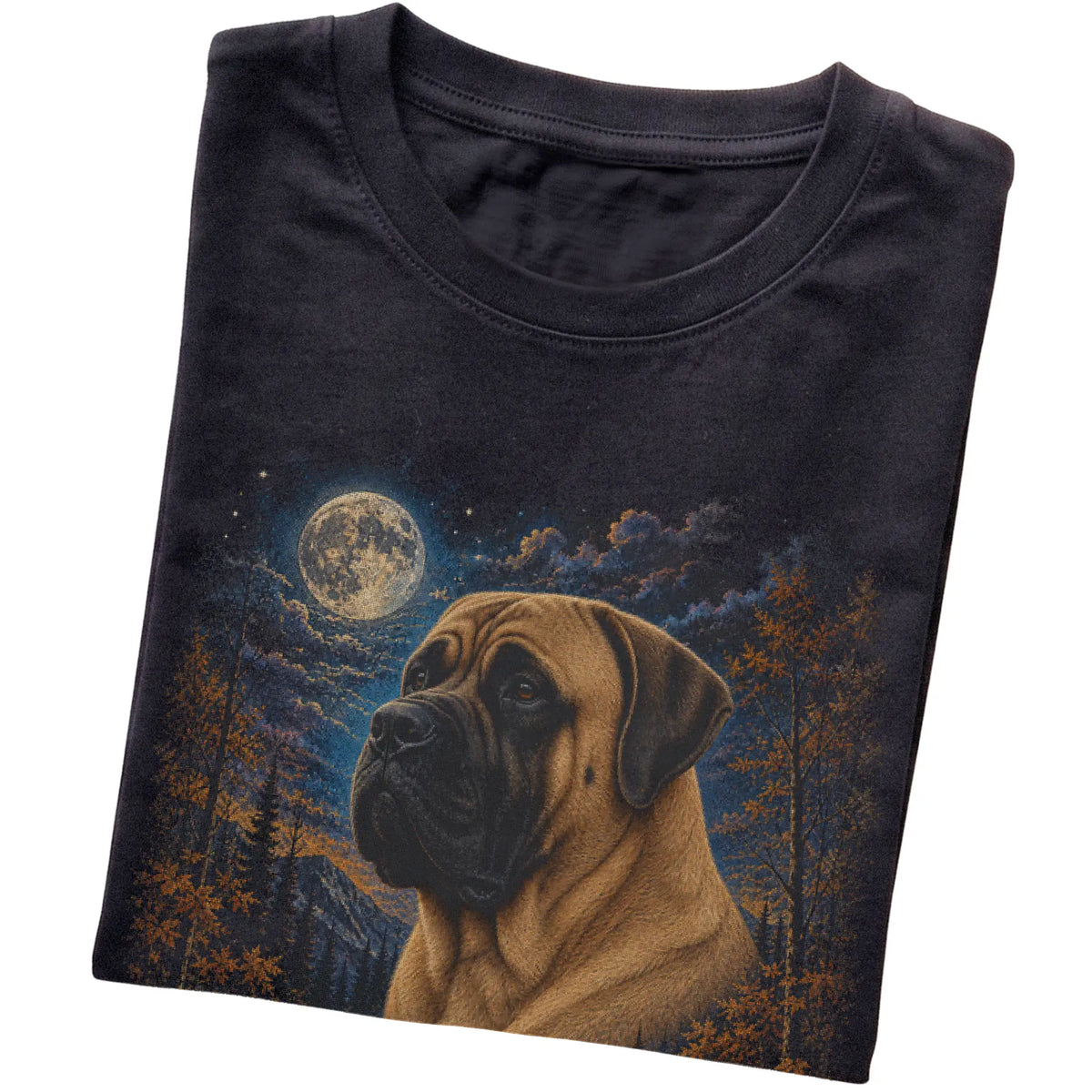 Folded black T-shirt with Mastiff Autumn Moon artwork.