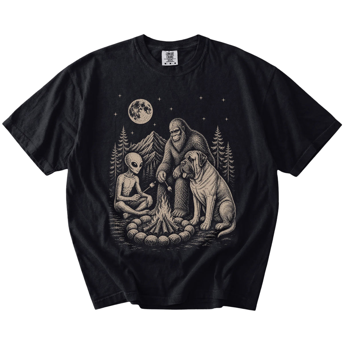 Mastiff camping with Bigfoot and an alien on a Black Comfort Colors® T-shirt