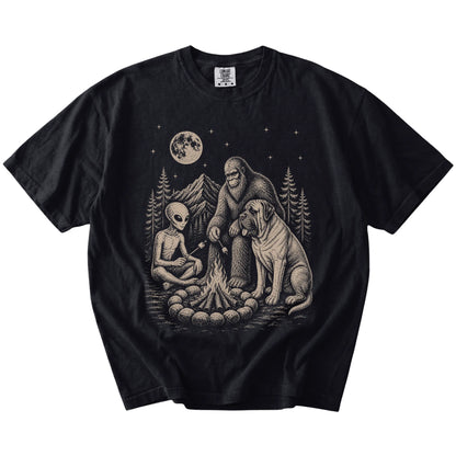 Mastiff camping with Bigfoot and an alien on a Black Comfort Colors® T-shirt