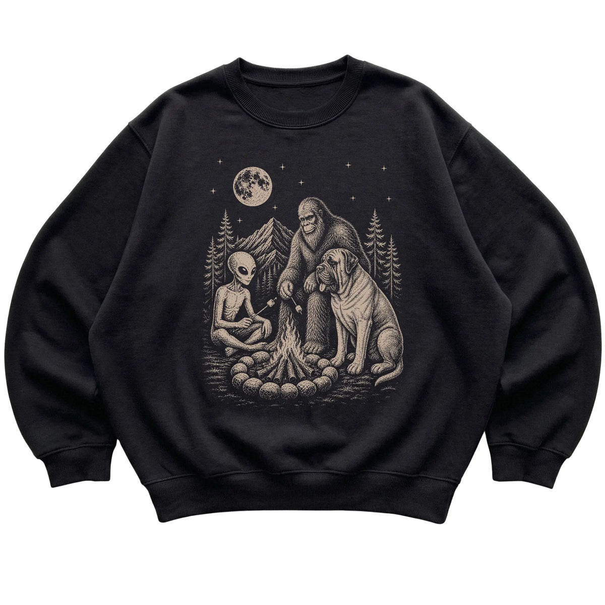 Black Mastiff Camping with Bigfoot and Alien shirt laid flat